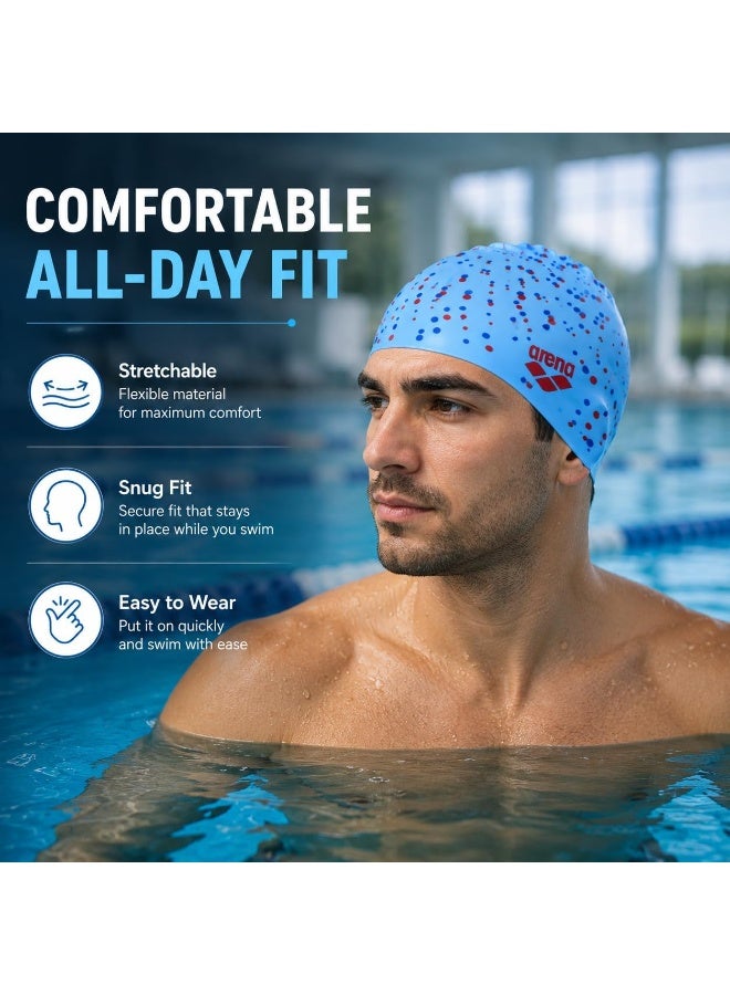 Arena silicone swim cap with colorful polka dot pattern – light blue - Image 5