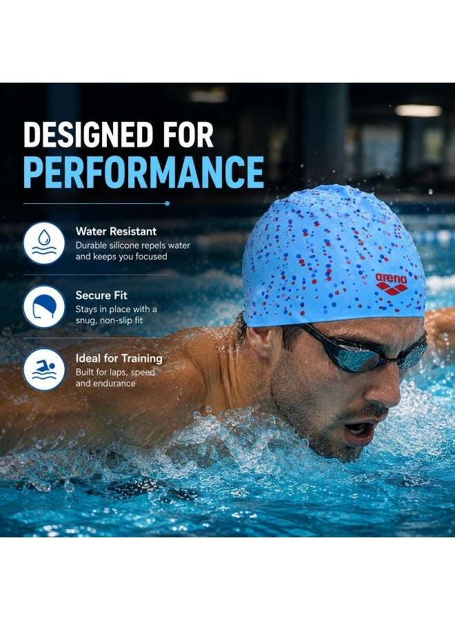 Arena silicone swim cap with colorful polka dot pattern – light blue - Image 3