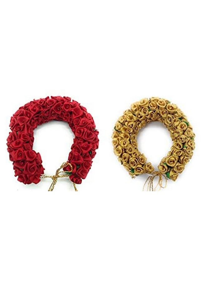 Ervio Red and Golden Artificial Gajra for Hair Bun Juda for Women and Girls Traditional Floral Veni for Wedding Temple Dance Pooja Festive Hairstyles (2 psc) - Image 1