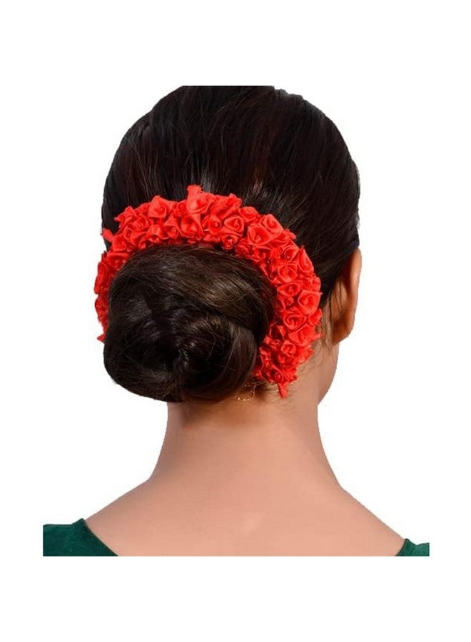Ervio Red and Golden Artificial Gajra for Hair Bun Juda for Women and Girls Traditional Floral Veni for Wedding Temple Dance Pooja Festive Hairstyles (2 psc) - Image 2