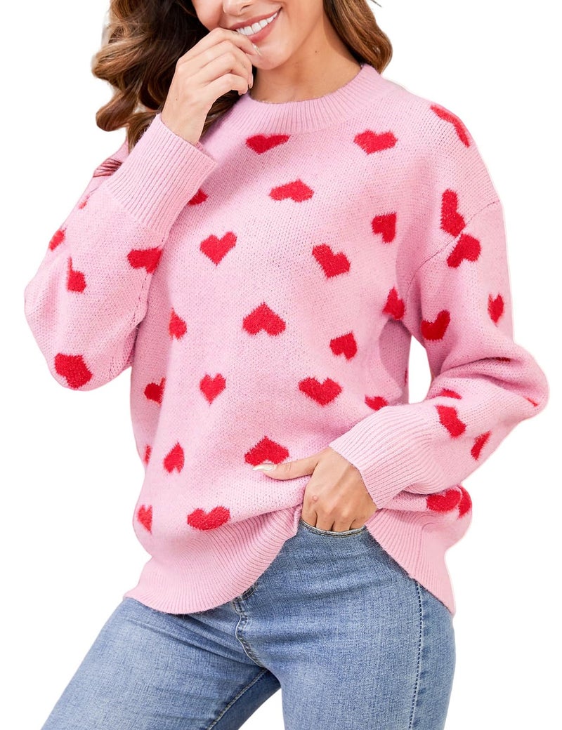 Gihuo Heart Sweater for Women Cute Kawaii Casual Crewneck Long Sleeve Knitted Pullover Sweaters(Rosered-L) - Image 1