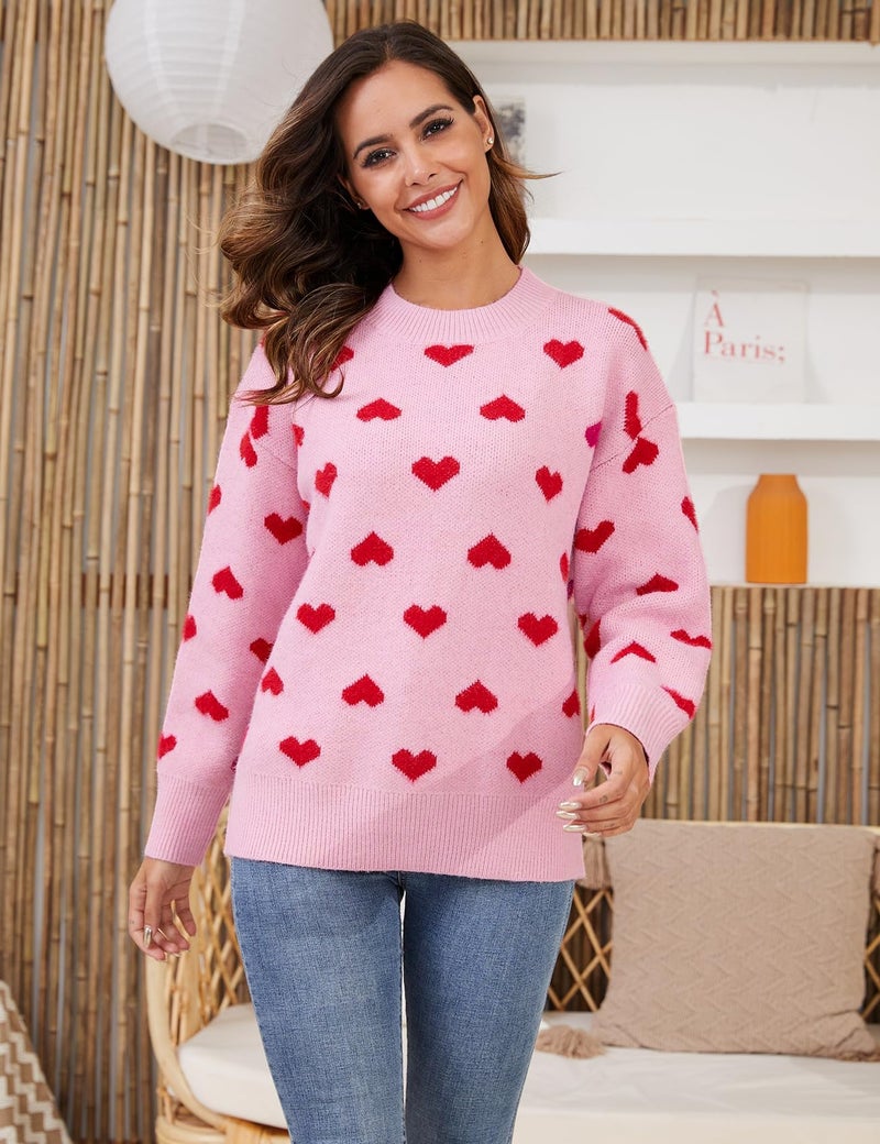 Gihuo Heart Sweater for Women Cute Kawaii Casual Crewneck Long Sleeve Knitted Pullover Sweaters(Rosered-L) - Image 2