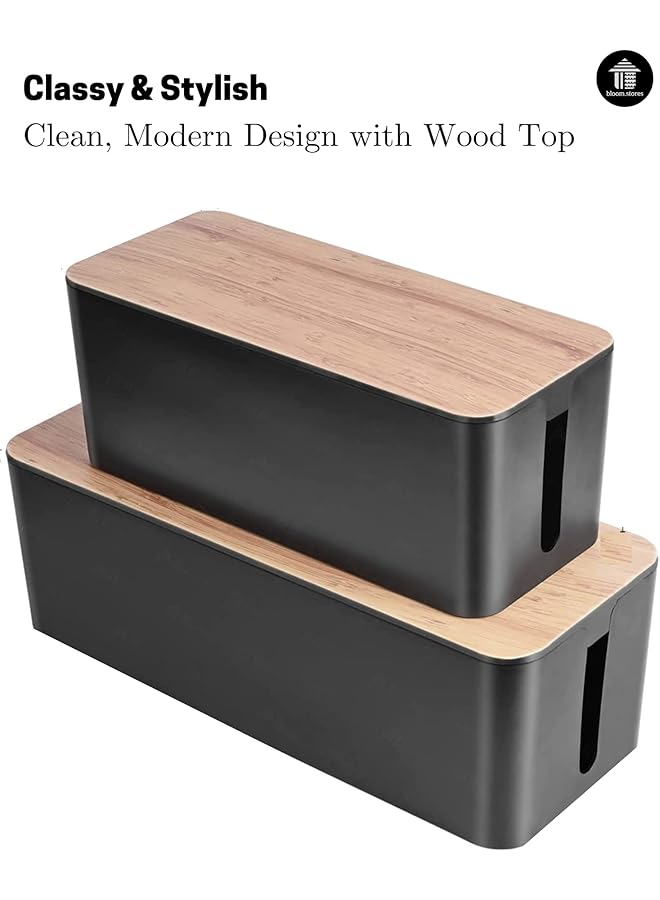 إيروريكس مجموعة صناديق إدارة الكابلات من بلوم ستورز مكونة من صندوقين كبيرين لتنظيم كابلات التمديد مع جزء علوي مشقوق لعرض المعلومات على الزجاج الأمامي، مجموعة أنيقة وقوية وعالية الاستخدام، مقاس XL + كبير من الخيزران الأسود - Image 2