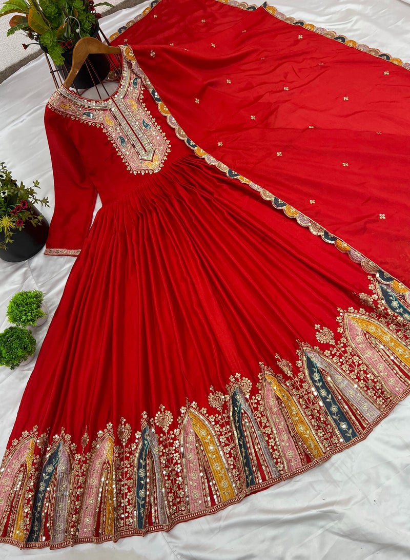 Super Asian Designer Party Wear Look Gown-Dupatta in Heavy Multi Thread Embroidery Sequence Work  - Image 1