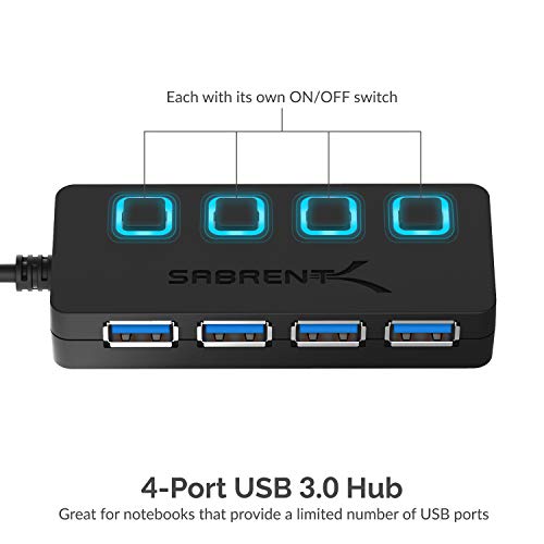 SABRENT محور USB 3.0 من SABRENT بـ 4 منافذ مع مفاتيح طاقة LED فردية - تصميم نحيف ومحمول - كابل بطول 2 قدم - نقل بيانات سريع - متوافق مع Mac و PC (HB-UM43) - Image 2