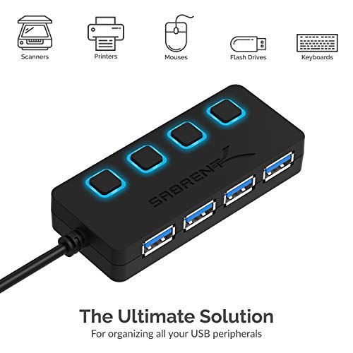 SABRENT محور USB 3.0 من SABRENT بـ 4 منافذ مع مفاتيح طاقة LED فردية - تصميم نحيف ومحمول - كابل بطول 2 قدم - نقل بيانات سريع - متوافق مع Mac و PC (HB-UM43) - Image 5