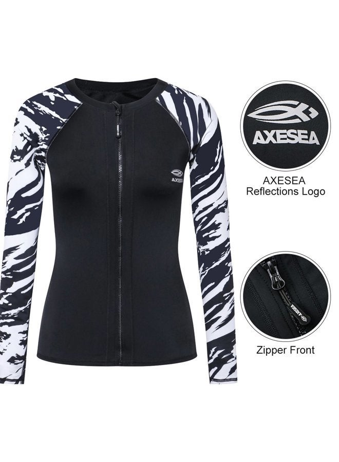 AXESEA Women Long Sleeve Swimsuits Printed Zip Front Rash Guard UV Sun Protective Surfing Shirts, Black2, US 6 - Image 4