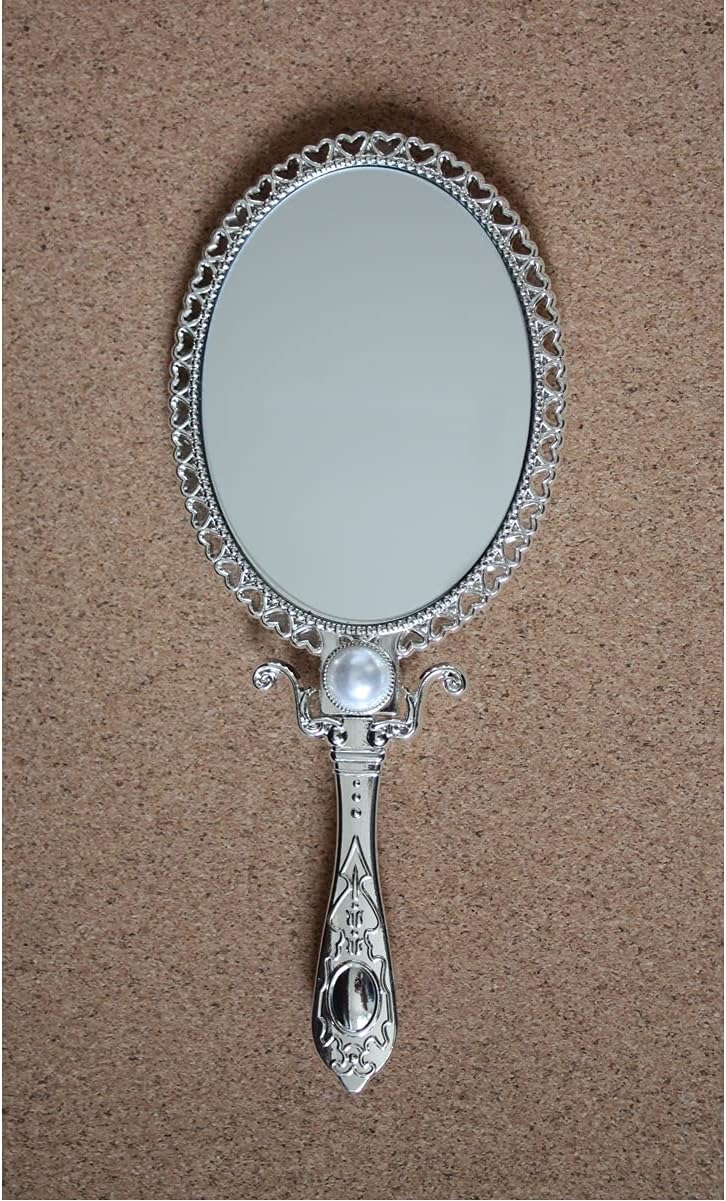 SEHAMANO Vintage Double Sided Handheld Makeup Metal Mirror/Decorated with Pearl/Folding Handle/Portable and Durable Hand Mirror (Shiny Silver)