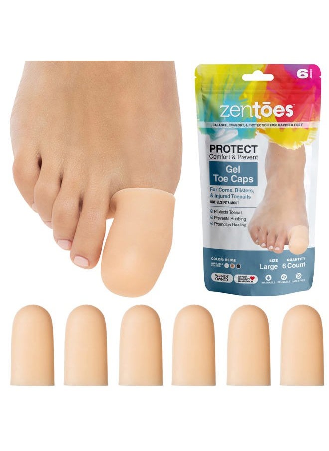Zentoes 6 Pack Gel Toe Cap and Protector - Cushions and Protects to Provide Relief from Missing or Ingrown Toenails, Corns, Blisters, Hammer Toes (Large, Beige)  - Image 1