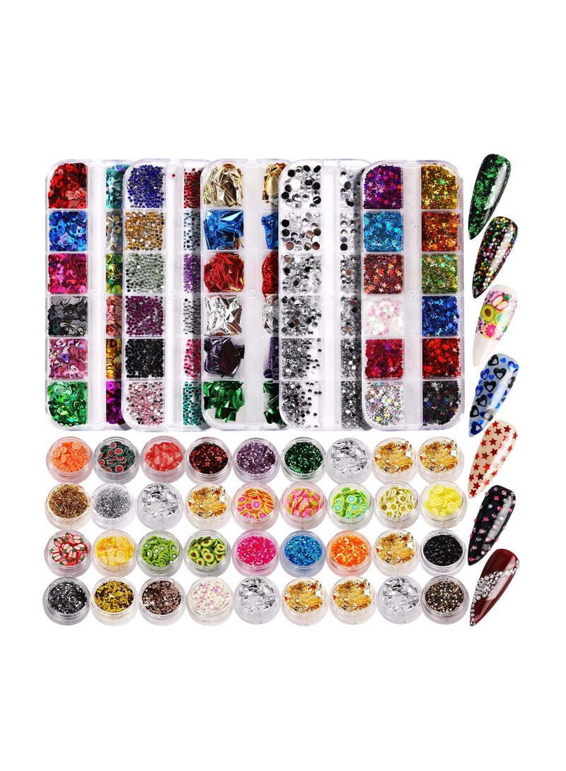 Excefore Nail Art Decoration Kit 12 Colors of Rhinestones Nail Art Fruit Slices Chunky Glitter Nail Sequins Laser Star Holographic Sparky Mixed Heart Nail Decorations - Image 1