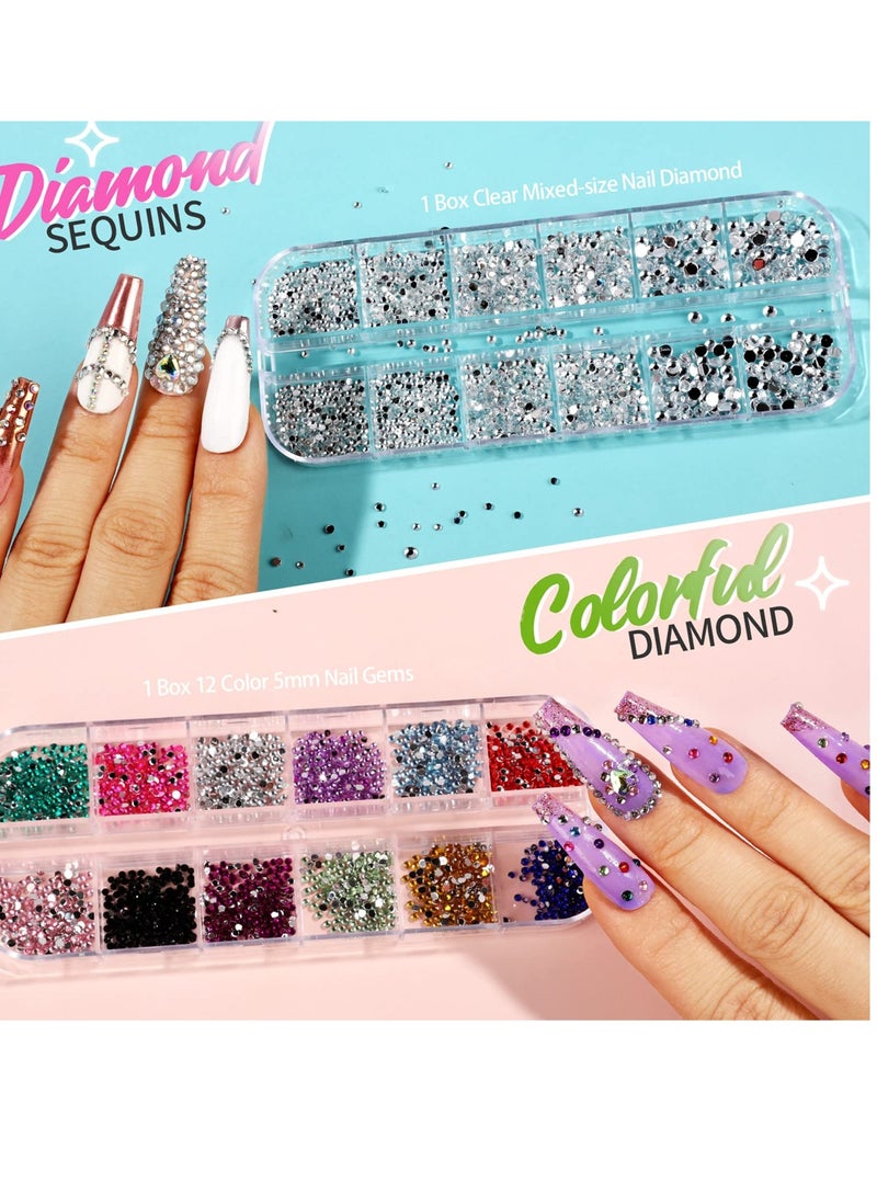 Excefore Nail Art Decoration Kit 12 Colors of Rhinestones Nail Art Fruit Slices Chunky Glitter Nail Sequins Laser Star Holographic Sparky Mixed Heart Nail Decorations - Image 3