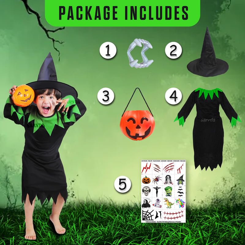 Sarvda Halloween Costume for Girls | Witch Dress Black & Green | Witch Hat | Pumpkin Basket | Dracula Teeth | Makeup Tattoo | For 5 to 6 Year Girls,fabric - Image 2