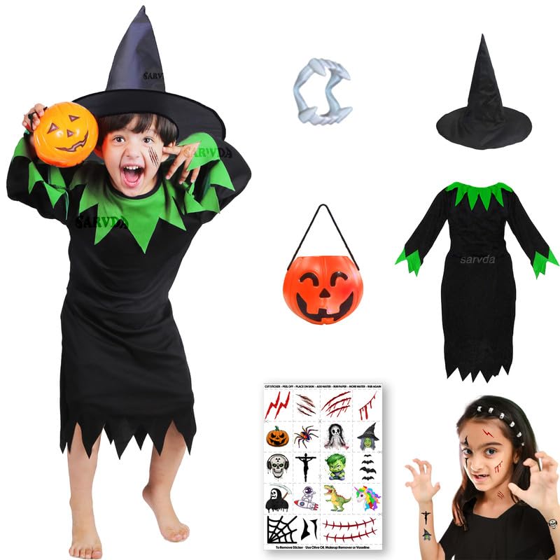 Sarvda Halloween Costume for Girls | Witch Dress Black & Green | Witch Hat | Pumpkin Basket | Dracula Teeth | Makeup Tattoo | For 5 to 6 Year Girls,fabric - Image 1