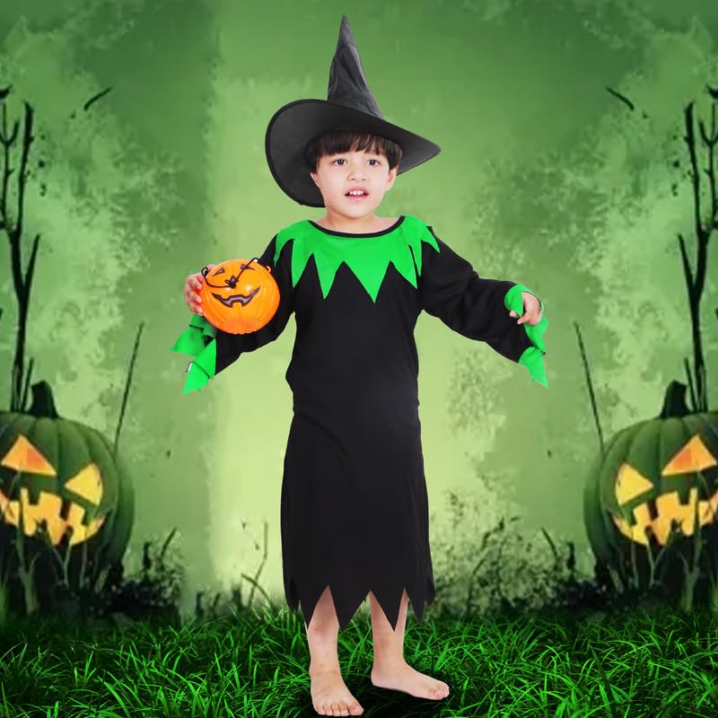 Sarvda Halloween Costume for Girls | Witch Dress Black & Green | Witch Hat | Pumpkin Basket | Dracula Teeth | Makeup Tattoo | For 5 to 6 Year Girls,fabric - Image 3