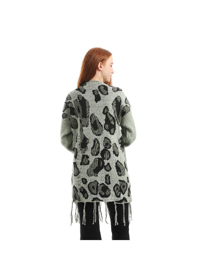 سيزار كارديجان حريمي صوف طويل مزود بنقوش وشراشيب - Image 3