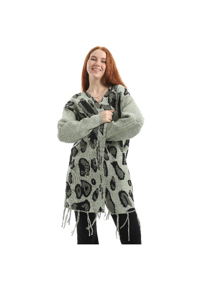 سيزار كارديجان حريمي صوف طويل مزود بنقوش وشراشيب - Image 1