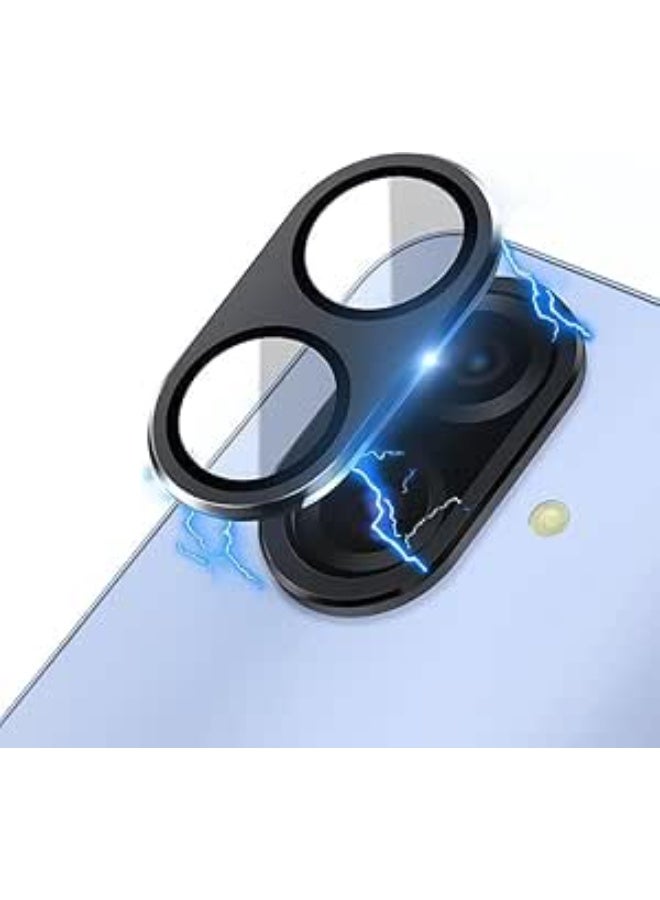 واقي عدسة كاميرا لهاتف سامسونج A07، بتصميم حلقة معدنية، وغطاء شاشة من الزجاج المقسّى، وحماية كاملة (أسود) - Image 2