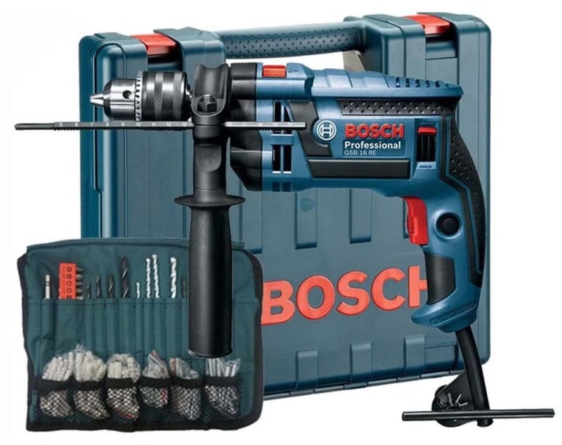 BOSCH GSB 16 RE مثقاب كهربائي احترافي مزود بكابل، 06012281L1 (750 واط) + مجموعة ملحقات - Image 1
