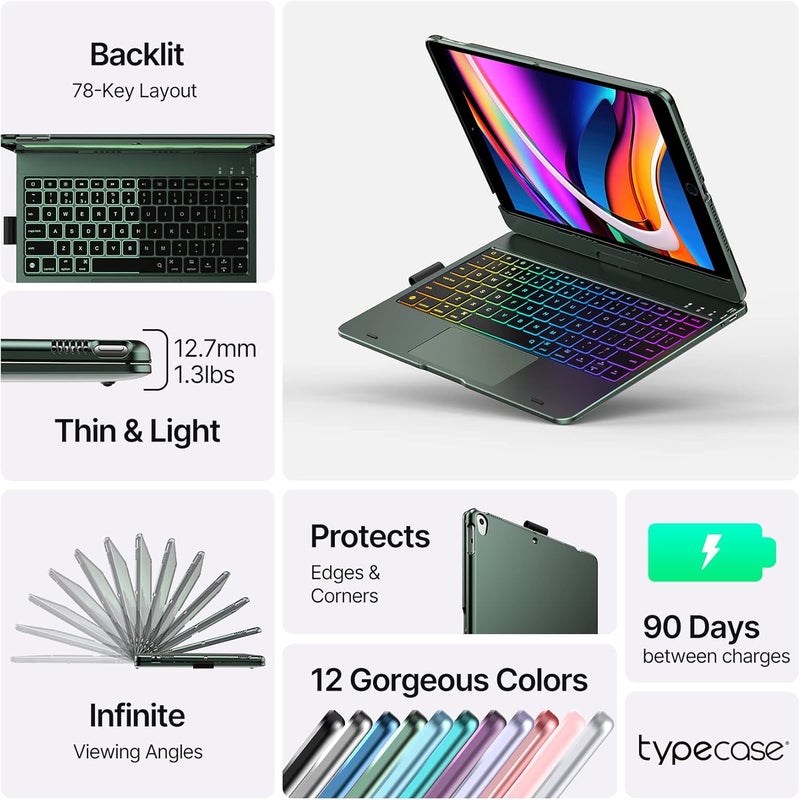 typecase حافظة لوحة مفاتيح تايب كيس تاتش مع لوحة تتبع لآيباد 10.2 بوصة الجيل الثامن (2020)، الجيل السابع، آير 3، برو 10.5 - إضاءة خلفية، غطاء واقي رفيع 360 درجة مع حامل قلم آبل (أخضر منتصف الليل) - Image 3