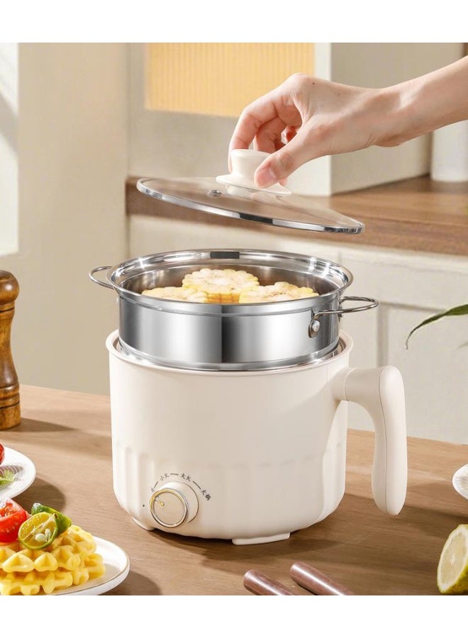 1.8L Multi-Function Electric Pot - Compact Stainless Steel Cooker with Steamer Basket, 800W Fast Heating, Safe Shatterproof Lid  Cool-Touch Handle for Dorm  Small Kitchen (Ivory White) - Image 2