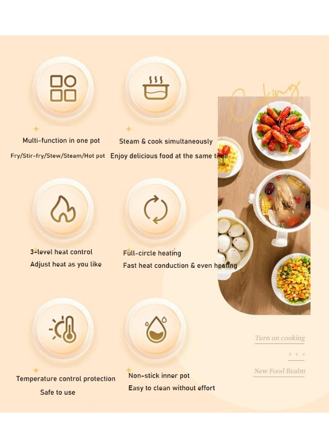 1.8L Multi-Function Electric Pot - Compact Stainless Steel Cooker with Steamer Basket, 800W Fast Heating, Safe Shatterproof Lid  Cool-Touch Handle for Dorm  Small Kitchen (Ivory White) - Image 3