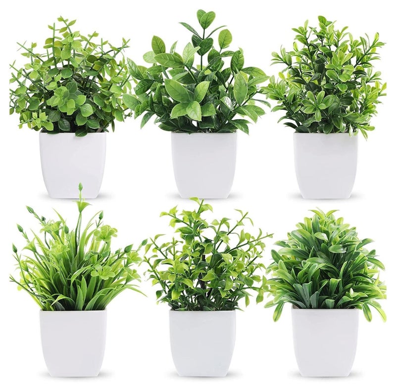 مجموعة من 6 نباتات صناعية صغيرة، نباتات صناعية صغيرة للاستخدام الداخلي، لرفوف الحمام والديكور المنزلي الريفي (الارتفاع الإجمالي 12 سم) - Image 1