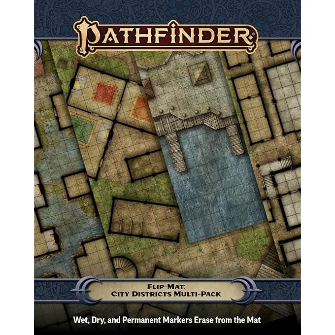 Pathfinder Flip-Mat City Districts Multi-Pack - 4 Fantasy RPG Battle Maps 24"x 30" - Wet Dry Erase Compatible Gaming Mat for Tabletop Role Playing Games