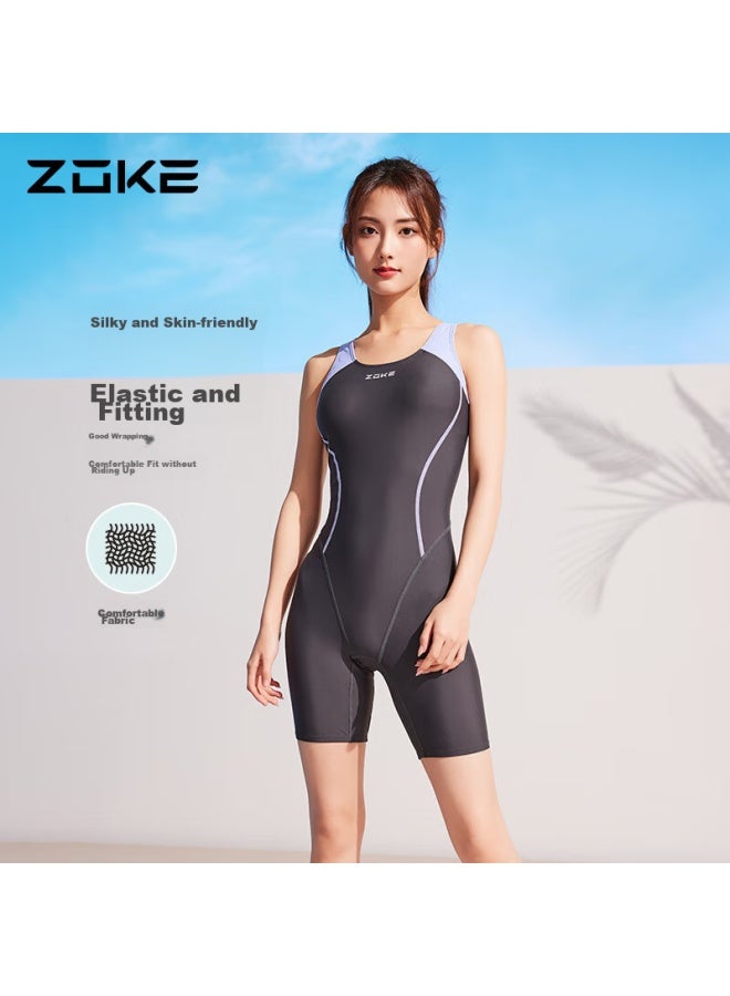 Zoke Women's One-piece Swimsuit, Knee-length, Athletic, Compeive, Ladies Swimwear 124601439-2 Dark Gray/light Purple, XL - Image 4