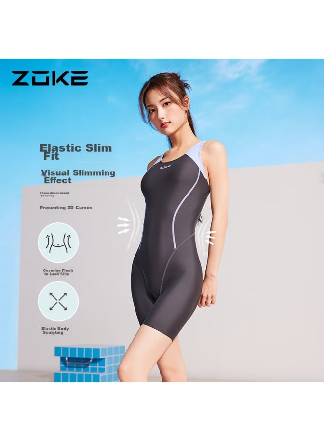 Zoke Women's One-piece Swimsuit, Knee-length, Athletic, Compeive, Ladies Swimwear 124601439-2 Dark Gray/light Purple, XL - Image 2