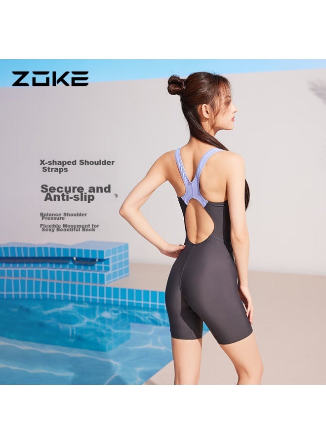 Zoke Women's One-piece Swimsuit, Knee-length, Athletic, Compeive, Ladies Swimwear 124601439-2 Dark Gray/light Purple, XL - Image 5
