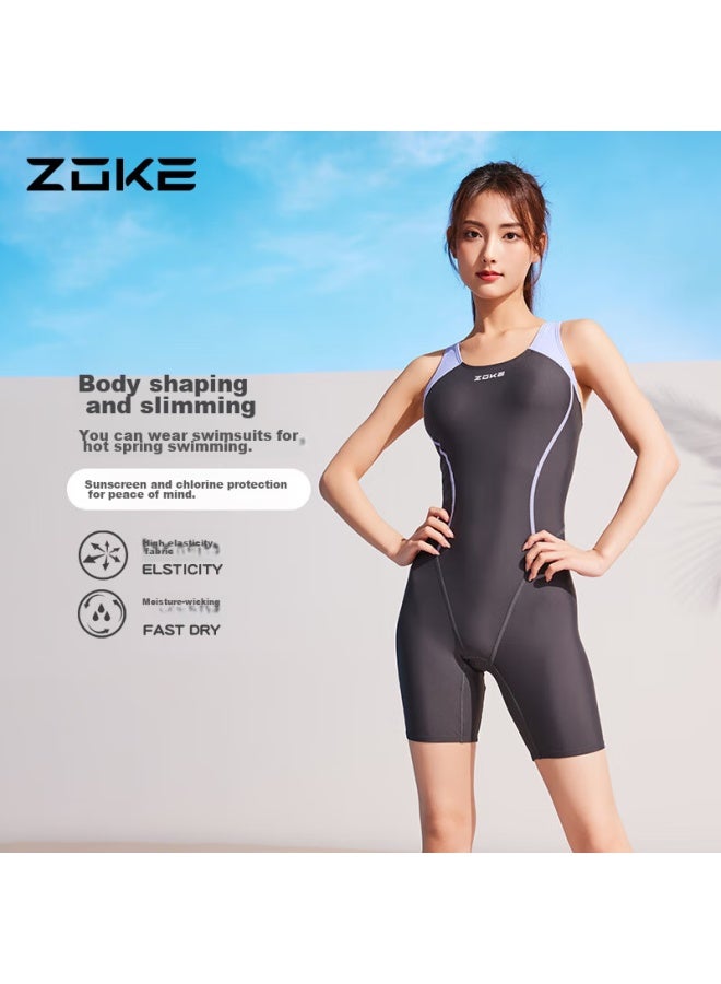 Zoke Women's One-piece Swimsuit, Knee-length, Athletic, Compeive, Ladies Swimwear 124601439-2 Dark Gray/light Purple, XL - Image 1