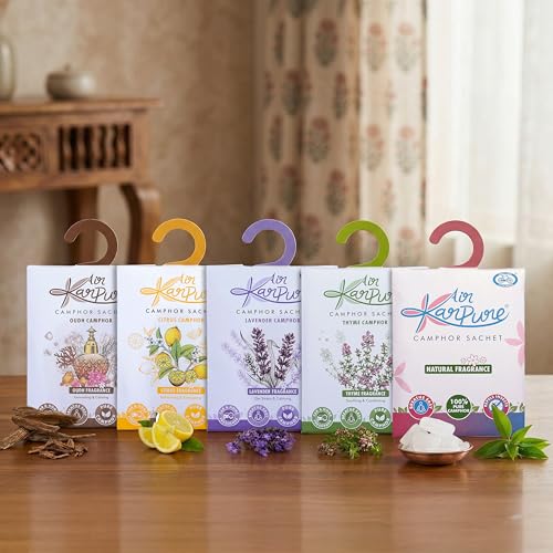 Cycle Pure Karpure Camphor Sachet - Pack of 5 | Air Freshener for Bathroom, Cars, Wardrobes, Homes, & Offices | Oudh, Citrus, Lavender, Thyme & Original Camphor Fragrance | Each Lasts up to 30 Days - Image 1