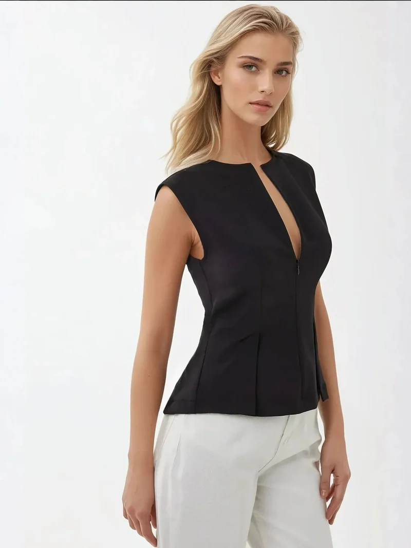 HICCUP Black Fitted V-Neck Sleeveless Zippered Top for Women | Best Price UAE