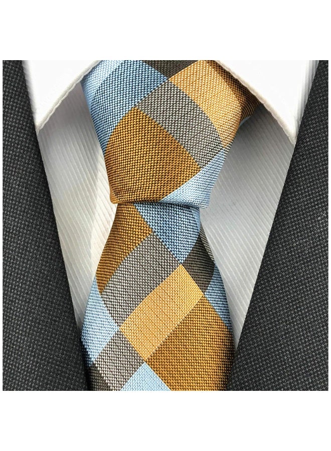 Men's Classic Checks Gingham Necktie, Jacquard Woven Microfiber Silk, Dark Blue Grey Gold, 150x7cm - Image 2