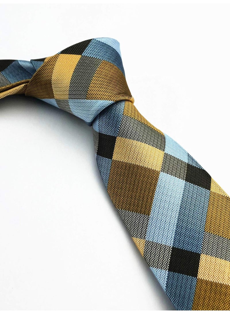 Men's Classic Checks Gingham Necktie, Jacquard Woven Microfiber Silk, Dark Blue Grey Gold, 150x7cm - Image 4