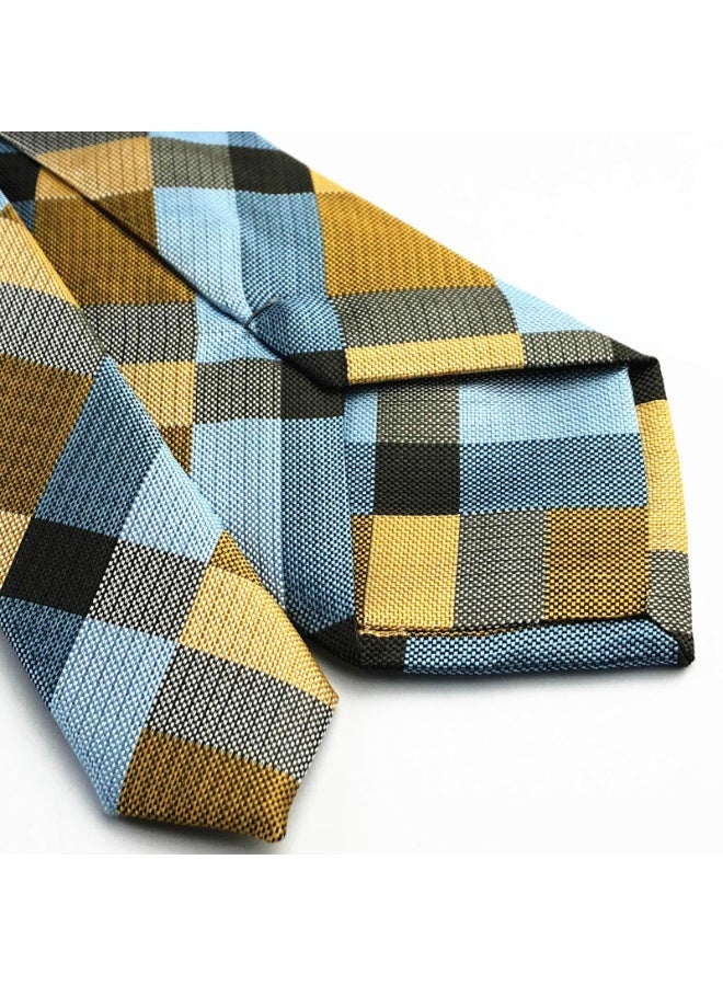 Men's Classic Checks Gingham Necktie, Jacquard Woven Microfiber Silk, Dark Blue Grey Gold, 150x7cm - Image 3