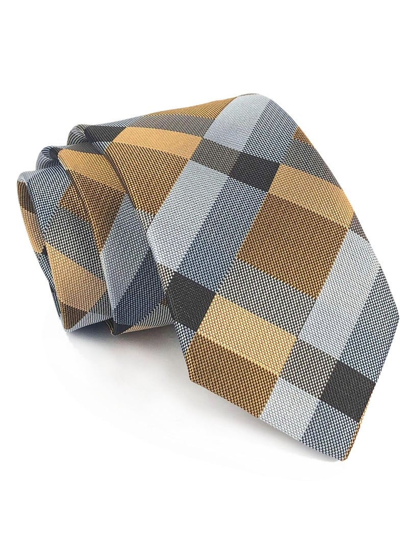 Men's Classic Checks Gingham Necktie, Jacquard Woven Microfiber Silk, Dark Blue Grey Gold, 150x7cm - Image 1