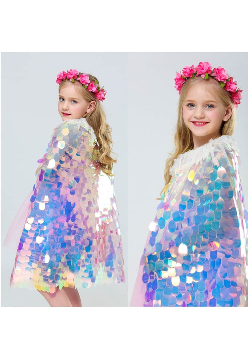 Excefore Rainbow Princess Cape for Girls - Children's Ribbon Simulation Wreath, Beach  Headwear, Dress Up Accessories 5T-8Y, Mermaid Sequin Cloak - Kids Party Clothes 2PCS - Image 4