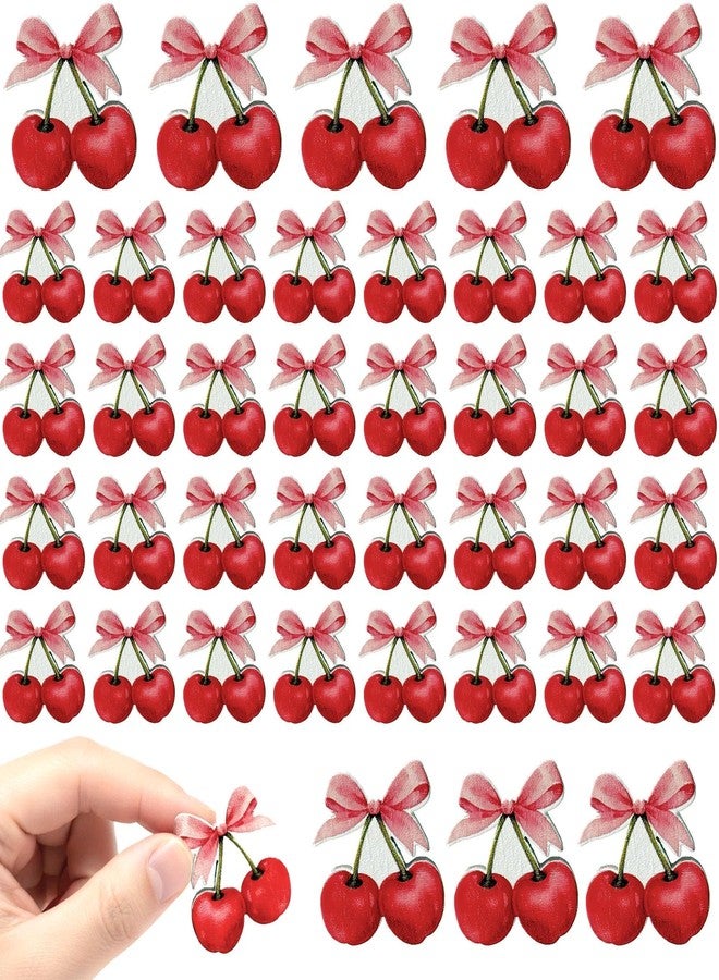 ٦٠ قطعة من زينة خشبية صغيرة على شكل فيونكات الكرز، زينة خشبية حمراء صغيرة لطيفة على شكل فاكهة، ديكور خشبي مطلي صغير بحجم ٠٫٨ بوصة تقريبًا لعيد الحب، والأعمال اليدوية، وسجل القصاصات - Image 1