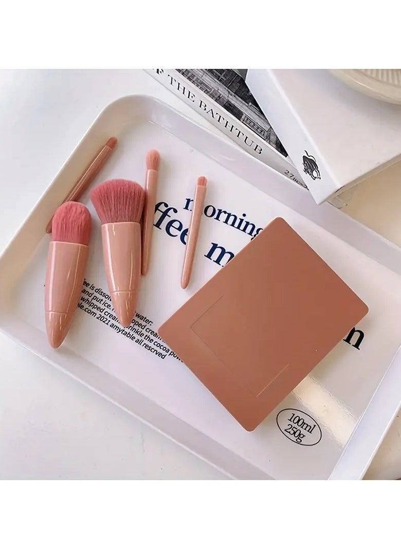 ORiTi - 5 Pack Portable Mini Make up Brush Set With Mirror and Case Soft Fiber Hair Powder and Eye Shadow Brushes for Professional Beauty Tools - Pink - Image 1