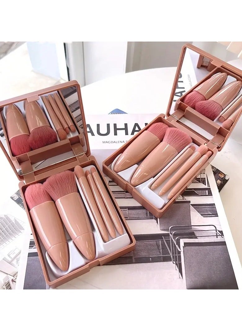 ORiTi - 5 Pack Portable Mini Make up Brush Set With Mirror and Case Soft Fiber Hair Powder and Eye Shadow Brushes for Professional Beauty Tools - Pink - Image 1