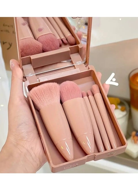 5 Pack Portable Mini Make up Brush Set With Mirror and Case Soft Fiber Hair Powder and Eye Shadow Brushes for Professional Beauty Tools - Pink