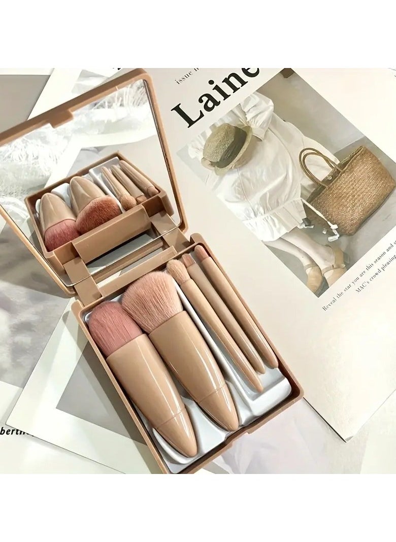 ORiTi - 5 Pack Portable Mini Make up Brush Set With Mirror and Case Soft Fiber Hair Powder and Eye Shadow Brushes for Professional Beauty Tools - Pink - Image 1