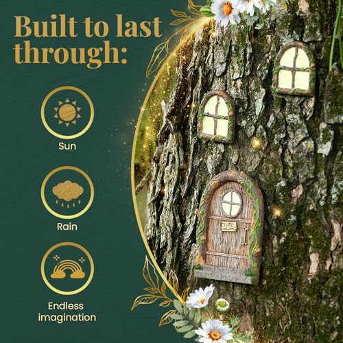Tree Poetry Fairy Door and Windows – Glow in The Dark Yard Art Sculpture Decoration for Kids Room, Wall and Trees Outdoor | Miniature Garden Outdoor Decor Accessories with Bonus Fairy Lantern - Image 5