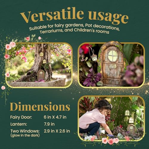 Tree Poetry Fairy Door and Windows – Glow in The Dark Yard Art Sculpture Decoration for Kids Room, Wall and Trees Outdoor | Miniature Garden Outdoor Decor Accessories with Bonus Fairy Lantern - Image 3