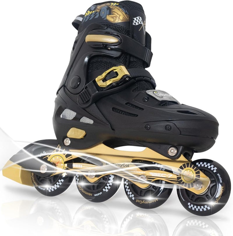 MammyGol Adjustable Inline Skates for Kids with PU Flashing Wheels - Gold Black - Image 1