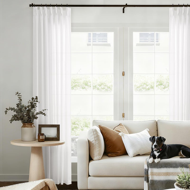 DUKIYO Pinch Pleated Linen Curtains 108 Inches Long for Living Room with Hooks Rings Back Tab Pinch Pleat Drapes for Track Ivory Light Filtering Semi Sheer 108 Inch Curtains for Dining Bedroom Ivory White - Image 1