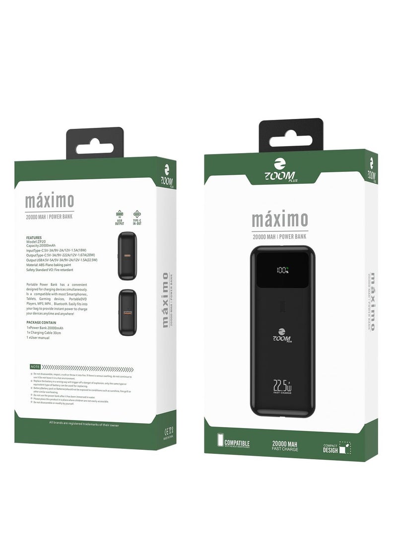 Zoom Plus - ZP-20 20000mAh 22.5W Ultra Fast Charging Power Bank 1 Input 1 Output External Battery Pack Black MAXIMO - Image 1