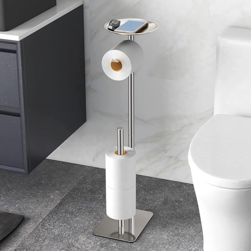 LSK Freestanding Toilet Paper Holder with Reserve, 304 Stainless Steel Bathroom Tissue Dispenser Paper Roll Storage Rack for 4 Large Rolls, with Base Waterproof, Rust-proof Modern (Brush Nickel)