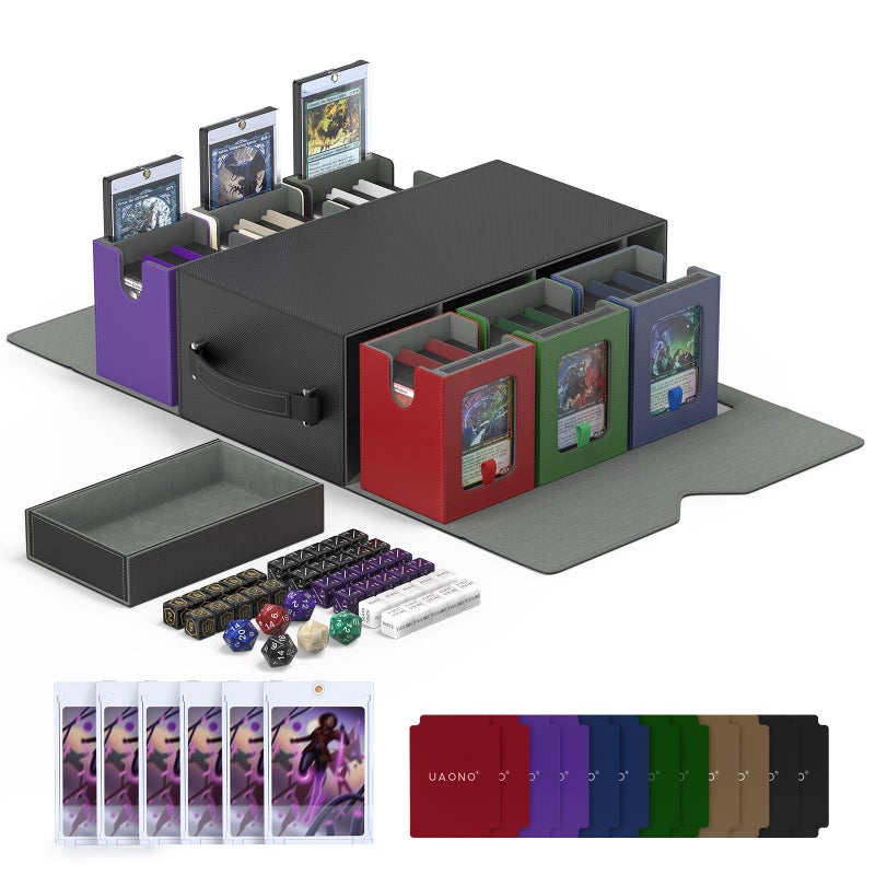 UAONO Commander Deck Box for MTG, 6-Deck Modular Card Case with Dice Tray Hold 600+ Double-sleeved Cards, Trading Cards Storage Box with MTG Dice 35PT Magnetic Card Holders, Multicolour Limited - Image 1